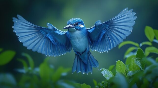 Vibrant blue bird in flight, water droplets, lush green foliage