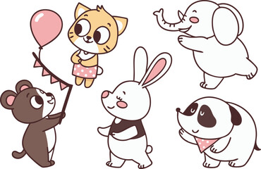 Cute Kawaii Animals Vector Set. Adorable Cartoon Animal Illustration Pack. Colorful Kawaii Animal Characters Collection. Sweet Pet Icons in Kawaii Style. Lovely Animal Faces