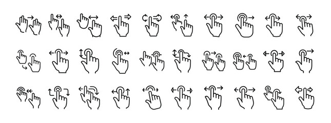 Set of Hand Gesture and Touch Interaction Icons – Collection of Finger Tapping and Swiping Symbols