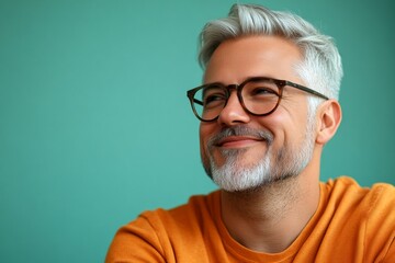 Conceptual art of style for aging men. Green solid background. A glowing and peaceful man expressing warmth. Modish men's shoulder-length taper haircut - midlife white man with white hair.