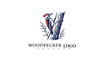 Bird Perched Vector Logo with Elegant Woodpecker Design. Nature Illustration Ideal for Eco Packaging, Forest Organization Branding, and Outdoor Business Identity.


