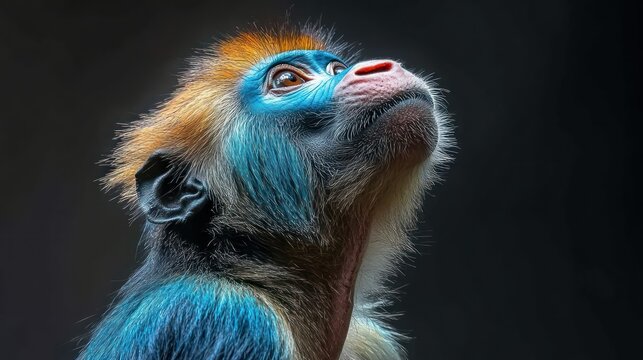 Vibrant monkey portrait, looking upward