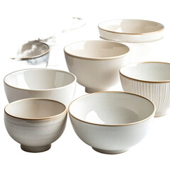 Collection of ceramic bowls in neutral tones, showcasing subtle variations on transparent background