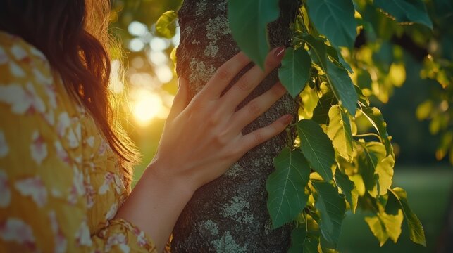 Woman touches tree trunk at sunset