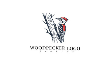 Elegant Nature Bird Vector Logo of Woodpecker on Tree. Clean Line Illustration Ideal for Sustainable Business Identity, Wildlife Brands, and Environmental Labels.

