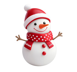 3D cute snowman icon, red hat and scarf, PNG clipart, cutout, isolated on transparent or blank PNG with no shadow border, isolated on transparent background.