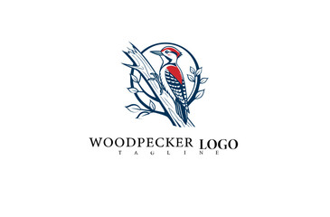 Vector Illustration Logo of Woodpecker on Tree Trunk. Elegant Bird Design for Outdoor Lifestyle Branding, Wildlife Project Logos, and Eco-Conscious Product Identity.

