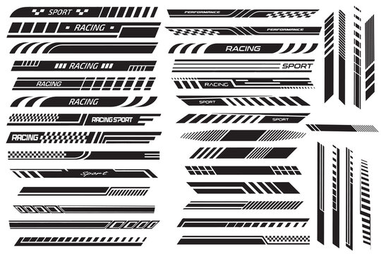 racing stripe vector set, race car vector, checkered flag designs, racing stripe speed, decal patterns, dynamic lines, competition, automotive graphics, black and white finish line motorsport. V3