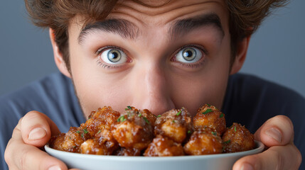 Begeisterter Mann mit großen Augen hält Teller voller Chicken Wings