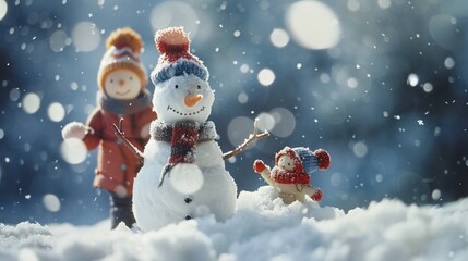 Two small figures, a snowman, and snow.  Snowy scene with children