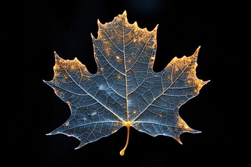 Fototapeta premium Close-up of a backlit colorful maple leaf with intricate veins against black background