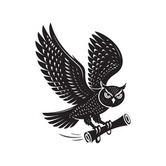 Obraz premium Owl flying with scroll in claws detailed feather silhouette vector illustration