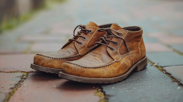 Worn leather boots on brick pavers
