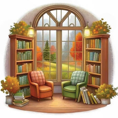 Cozy reading nook with colorful chairs and large window in autumn  