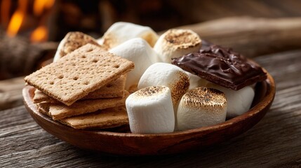 A bowl of marshmallows and graham crackers with a chocolate bar on top