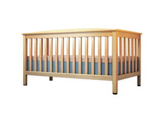 Wooden Baby Crib with Blue Bedding and Natural Wood Finish, Isolated