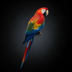 Obraz premium Vibrant studio portrait of a Scarlet Macaw parrot isolated on a dark background.