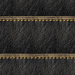 Seamless 4k photo texture material of black colored worn leather surface with stitching.