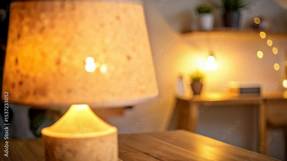 Poster illuminated cork table lamp with tapered lampshade on a wooden table, casting warm ambient light in 