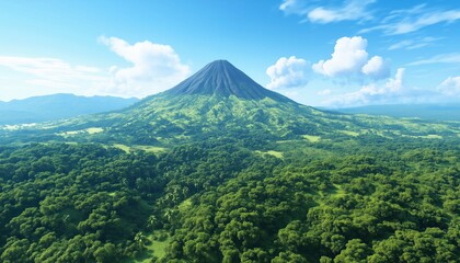 Breathtaking Aerial Perspective Of Arenal Volcano In Costa Rica Featuring Vibrant Green Foliage Against A Crystal Blue Sky.