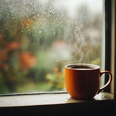 Urban rain outside window with tea cup inside calm room high resolution picture