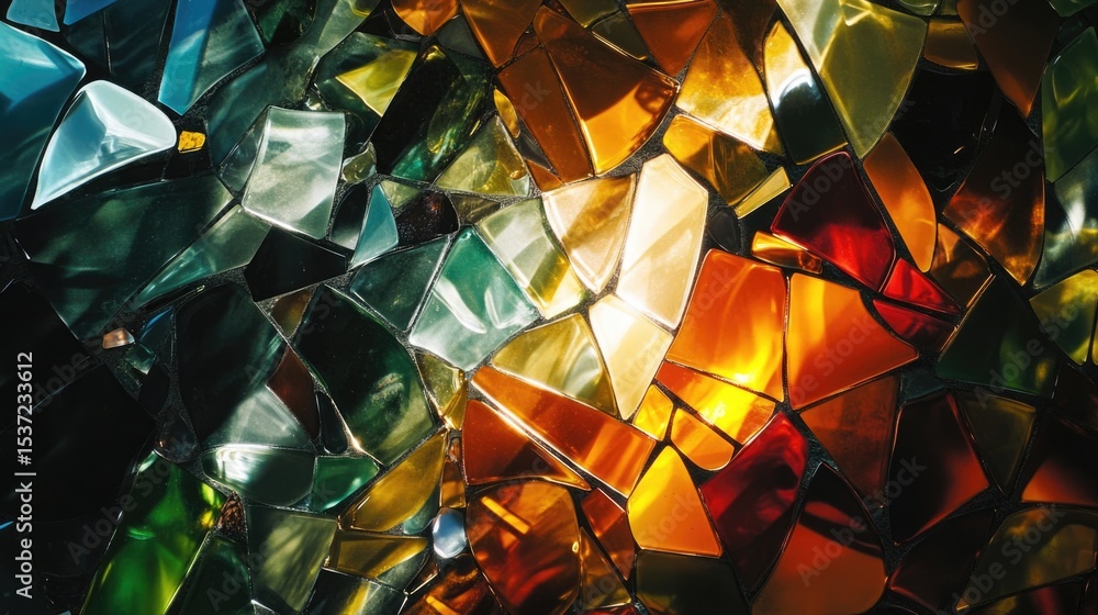 Poster colorful shards of glass in various shapes and sizes create a vibrant mosaic effect. the light refle