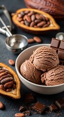 Delicious chocolate ice cream scoops in bowl with cocoa beans and chocolate bars