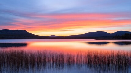 Fototapeta premium A serene lake at sunset with vibrant colors reflecting on the water. Silhouetted mountains in the background and tall grass in the foreground.