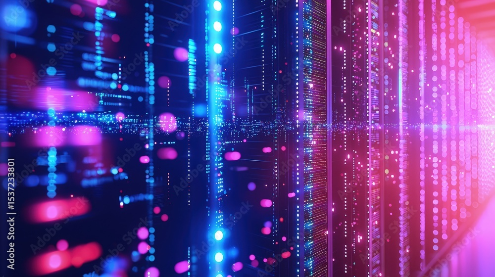 Poster Futuristic glowing data center with illuminated servers and digital light trails representing cloud computing, big data processing, and modern network infrastructure technology for IT solutions