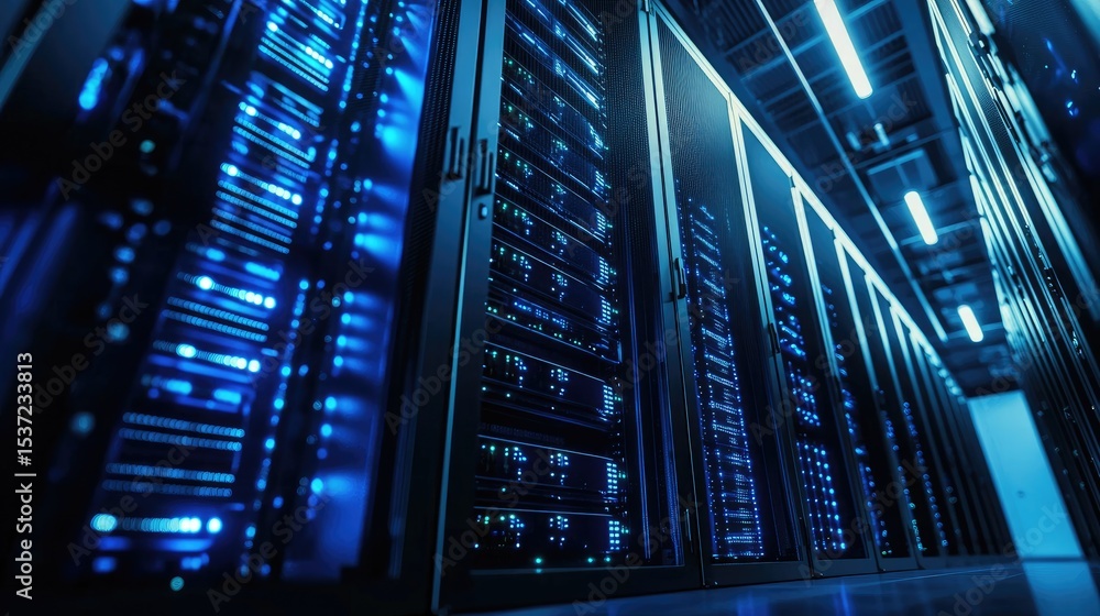 Poster Modern data center with rows of illuminated blue server racks in a high security environment, representing advanced digital infrastructure, cloud computing, and enterprise-level network systems