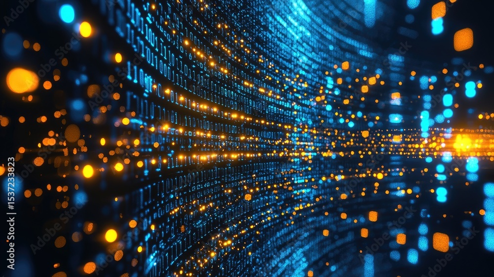 Fototapete Digital binary data flow in glowing blue and orange tones representing data transfer, cloud computing, machine learning, and futuristic information processing in a high tech virtual environment
