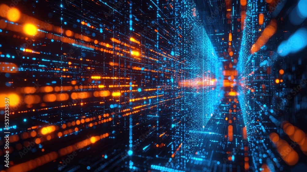 Poster Glowing blue and orange data streams flowing through a virtual tunnel representing fast data transfer, cloud infrastructure, and futuristic technology for modern computing and AI processing