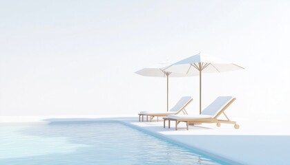 Fototapeta premium Relaxing Poolside Scene At Resort Hotel With Umbrella And Chair Perfect For Vacation Escapes And Leisure Activities