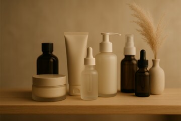 Elegant Beige Skincare Product Assortment on Wooden Shelf for Beauty and Wellness Promotion, Cosmetic Mockups, Minimalist Aesthetic, Natural Light