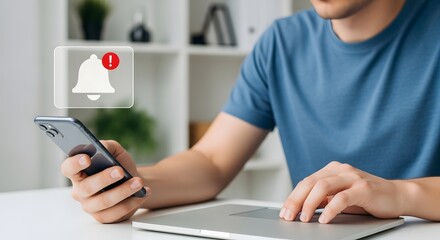 Fototapeta premium Important Mobile Phone Notification Alert Man Receiving Urgent Message