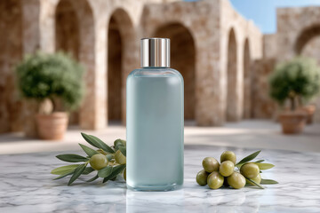 Bottle of liquid is on a table next to some leaves. The bottle is clear and has a silver cap. The leaves are green and appear to be from a plant. The scene has a calm and peaceful mood