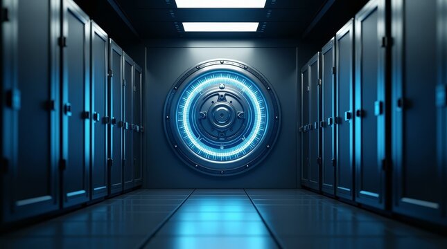 Digital vault door surrounded by secure servers, ideal for visualizing high-level data protection in IT campaigns.