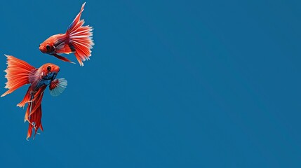 Two vibrant orange-red betta fish gracefully swim against a deep blue background