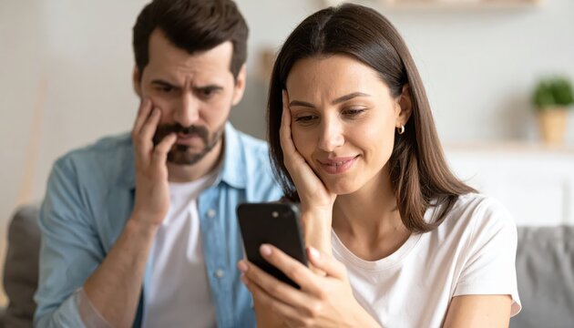 Couple looking at a smartphone with mixed emotions, the woman smiles while the man shows concern in a cozy indoor setting