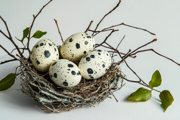 Obraz premium Speckled eggs in a bird's nest with green leaves and twigs