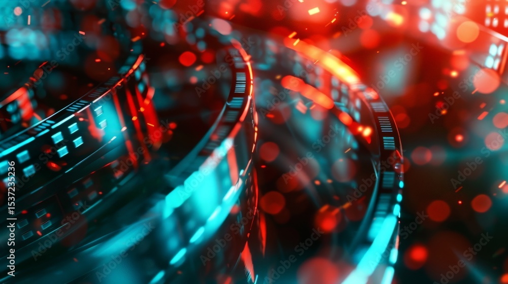 Aufkleber abstract swirling film reels with vibrant red and blue light bokeh creating a dynamic technological 