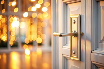 Dreamy bokeh photography showcases a pristine white door, the knob crisply defined against a hazy, home exterior scene.