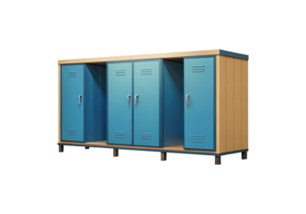 Row of blue storage lockers with tan framework on a white background