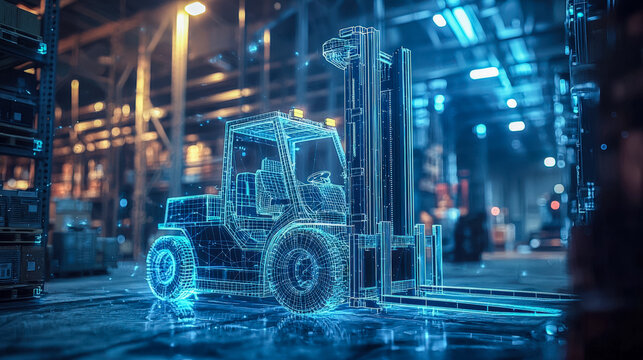 Digital wireframe of a forklift in a high-tech warehouse setting