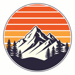 Striped sunset sky illuminates the mountain peaks and silhouettes of the surrounding pine trees