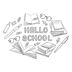 Hello school banner in doodle style. Lettering with black outline, hand drawn books, glasses, pencil and pen. Stylish design for children's online courses and classes, homeschooling.
