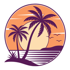 Two purple palm trees sway peacefully against the backdrop of a setting sun and seagulls