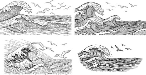 Obraz premium ocean waves with splashing water in hand-drawn doodle sketch style 