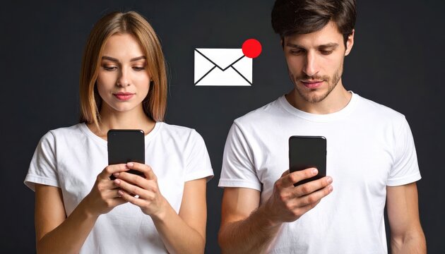 Two young adults checking messages on smartphones with email notification symbol on dark background