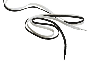 two long curved black and white shoe laces isolated, cut out